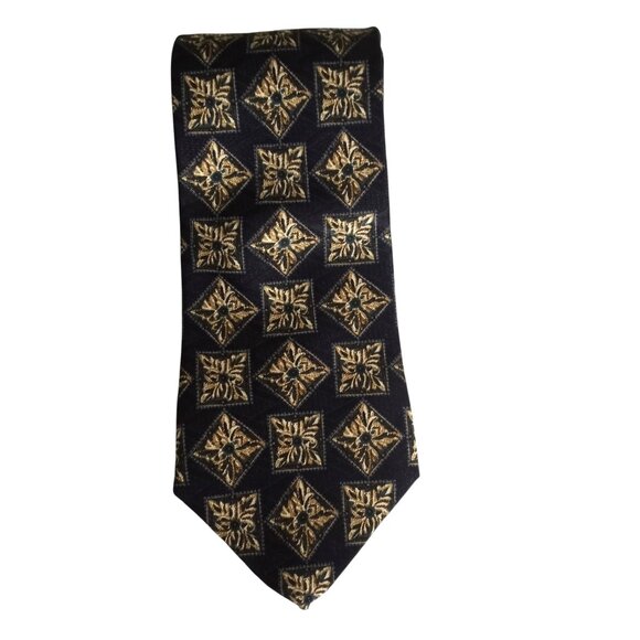 Claiborne Jacquard Navy Beige Print 100% Italian Silk Neck Tie Made in USA - Picture 1 of 6